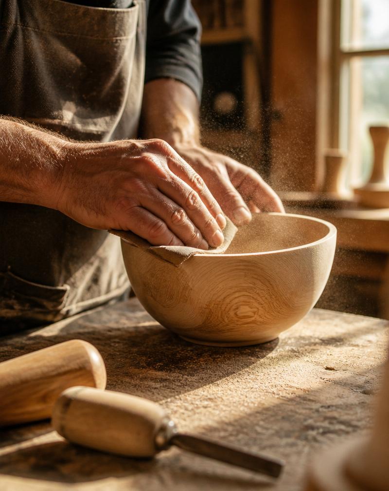 Andy sanding a wooden bowl in a sunlit backyard workshop